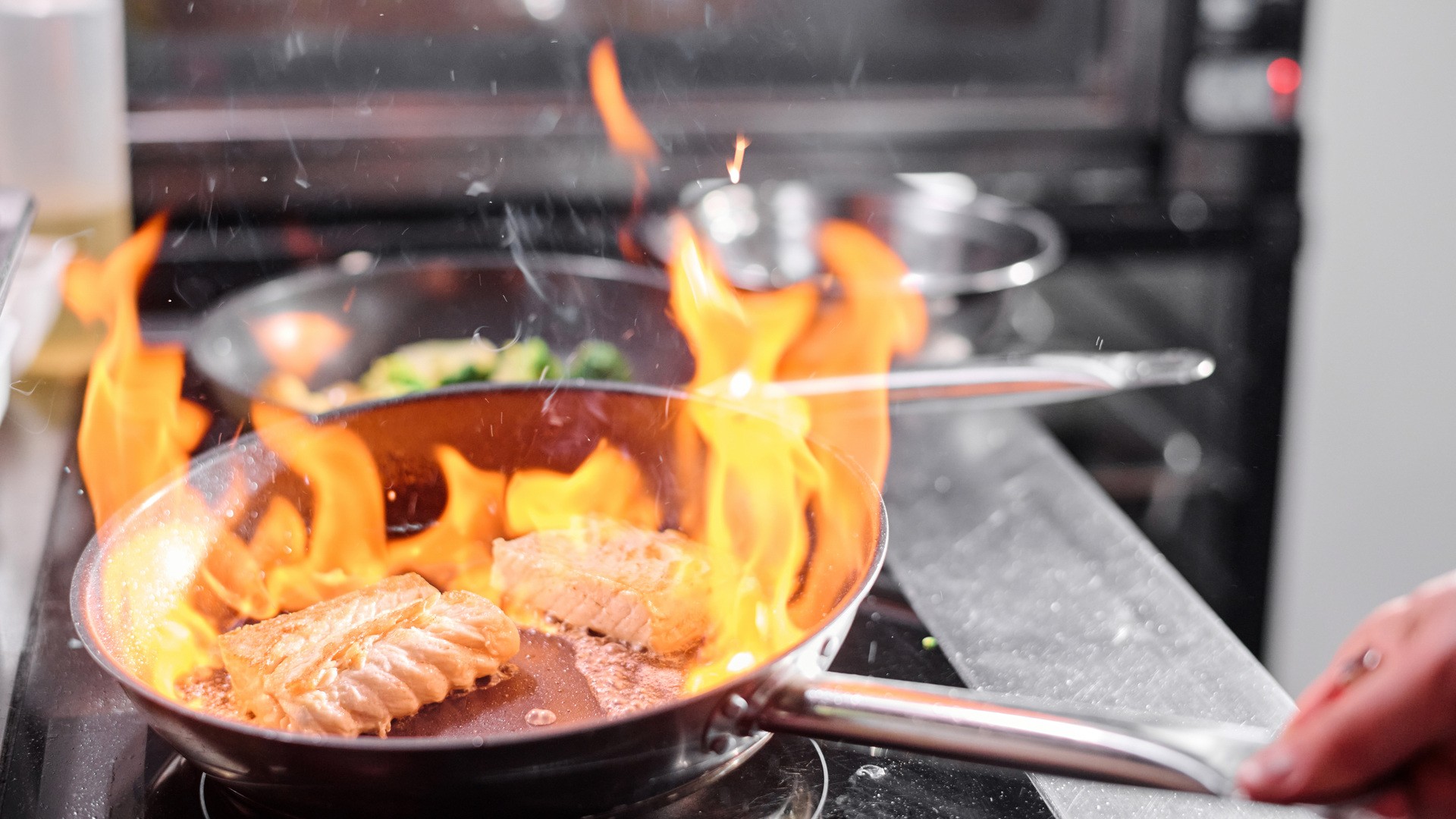 Food in pan with fire